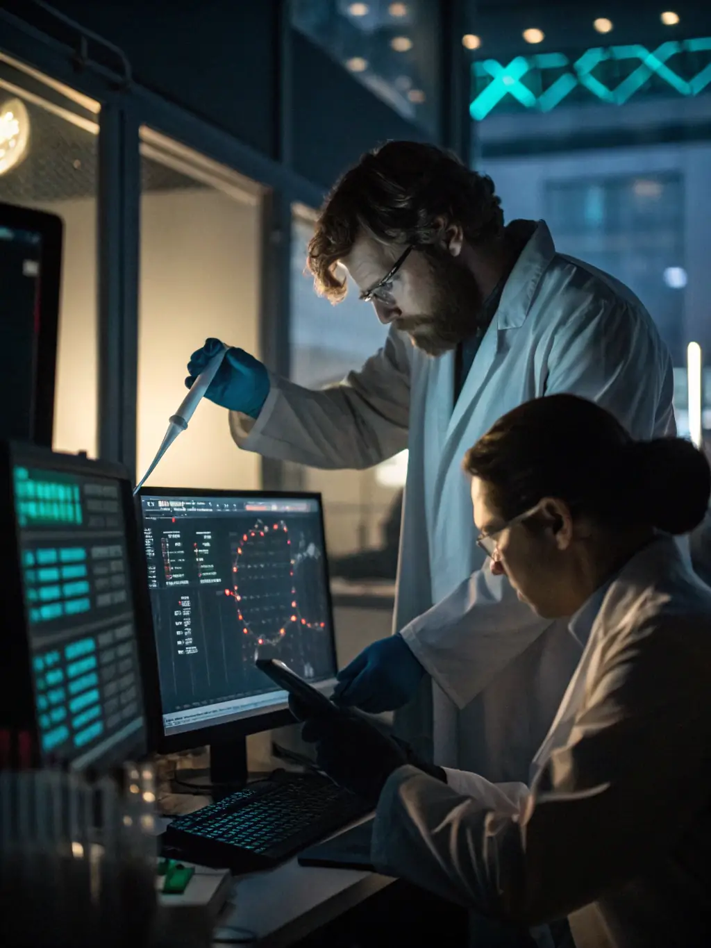 A futuristic, high-tech laboratory with scientists in sterile suits examining biological samples and computer screens displaying complex data visualizations, representing Cyberbio Security Auditing.