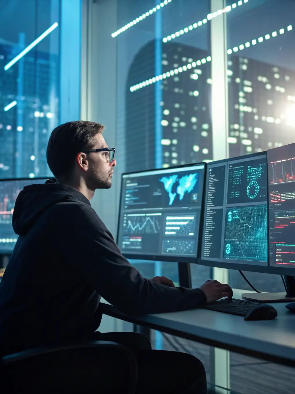 A network security engineer working at a computer, monitoring network traffic and analyzing security logs, with a focus on threat detection and prevention.