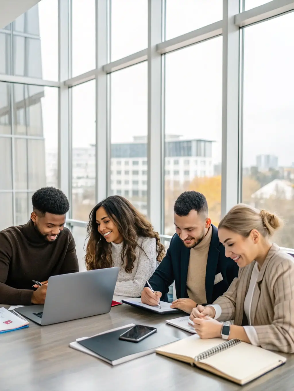 A diverse team of researchers collaborating in a modern office space, analyzing data, writing reports, and participating in video conferences, symbolizing Research Support Services.